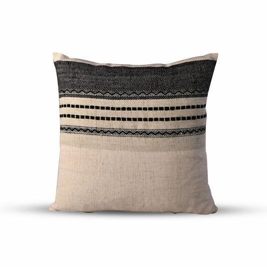 Bold pattern cotton and wool throw pillow, 20x20 square in black and beige, handcrafted with a timeless striped design.