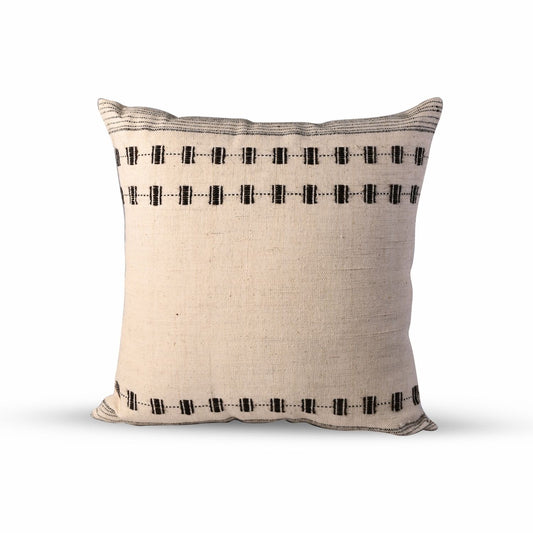 Handcrafted designed throw pillow in black and beige, 20x20 square cotton and wool cushion with intricate woven details.