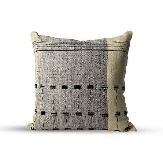 Elegant handwoven cotton and wool throw pillow in a soft smoke pearl shade, 20x20 square, featuring intricate textural details for a refined, modern appeal.