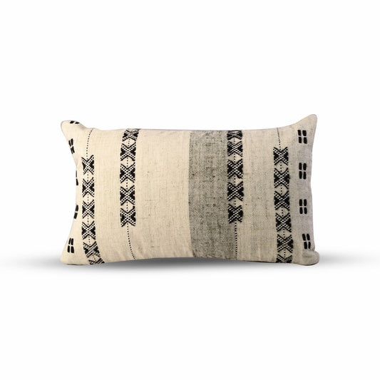 Handwoven cotton and wool throw pillow in a soothing beige, black and sage green, 12x20 lumbar with a minimalist striped design for timeless elegance.