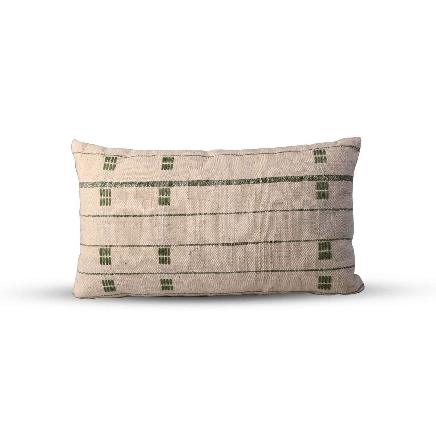 Handcrafted designed throw pillow – beige and Green 12x20 lumbar cotton and wool cushion with a modern, textured finish.