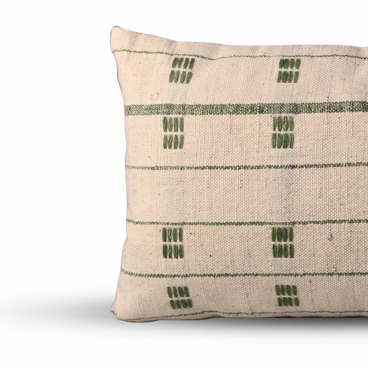 Soft cotton and wool throw pillow – 12x20 lumbar, green and beige handcrafted design with intricate woven detailing.