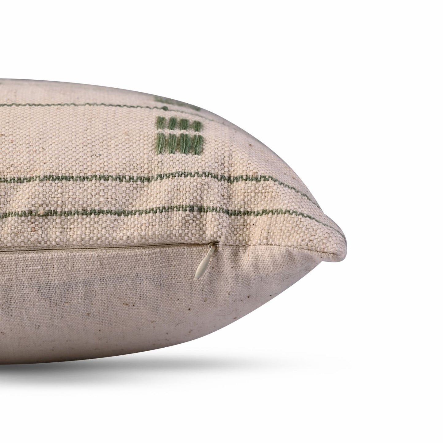 Handcrafted in beige and green color, cotton and wool throw pillow – 12x20 lumbar with a discreet zipper, designed for elegant home décor.