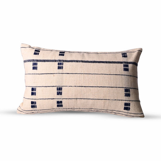 Handcrafted designed throw pillow – navy blue and beige 12x20 lumbar cotton and wool cushion with a timeless, elegant look.